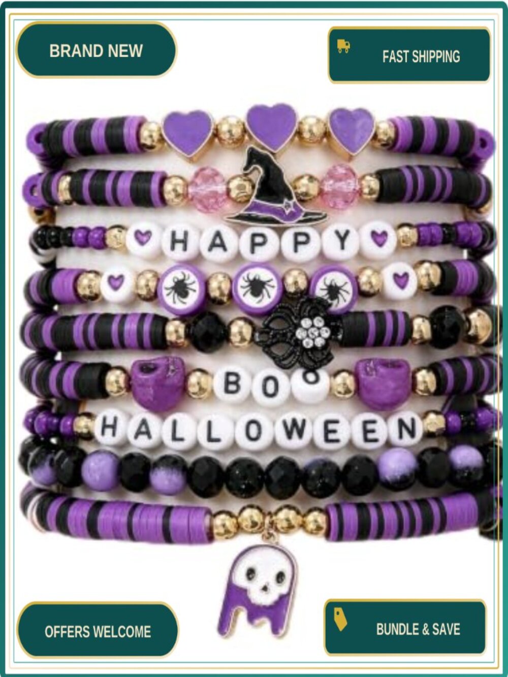 Halloween Stretch Bracelets Set 9Pcs Stackable Soft Clay Rhinestone Alloy